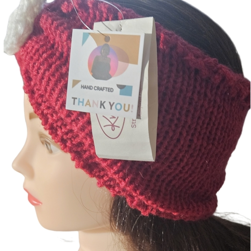 Hand Crafted 3 in 1 hair accessory crochet floral ear warmer Winter headband red - Picture 8 of 17